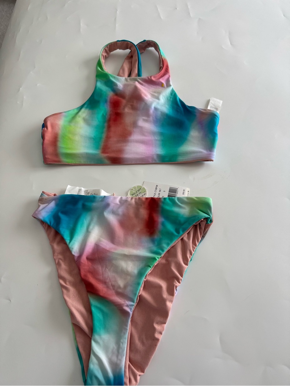 High-Neck Rainbow Tie-Dye Women's Bikini Set - Multicolor